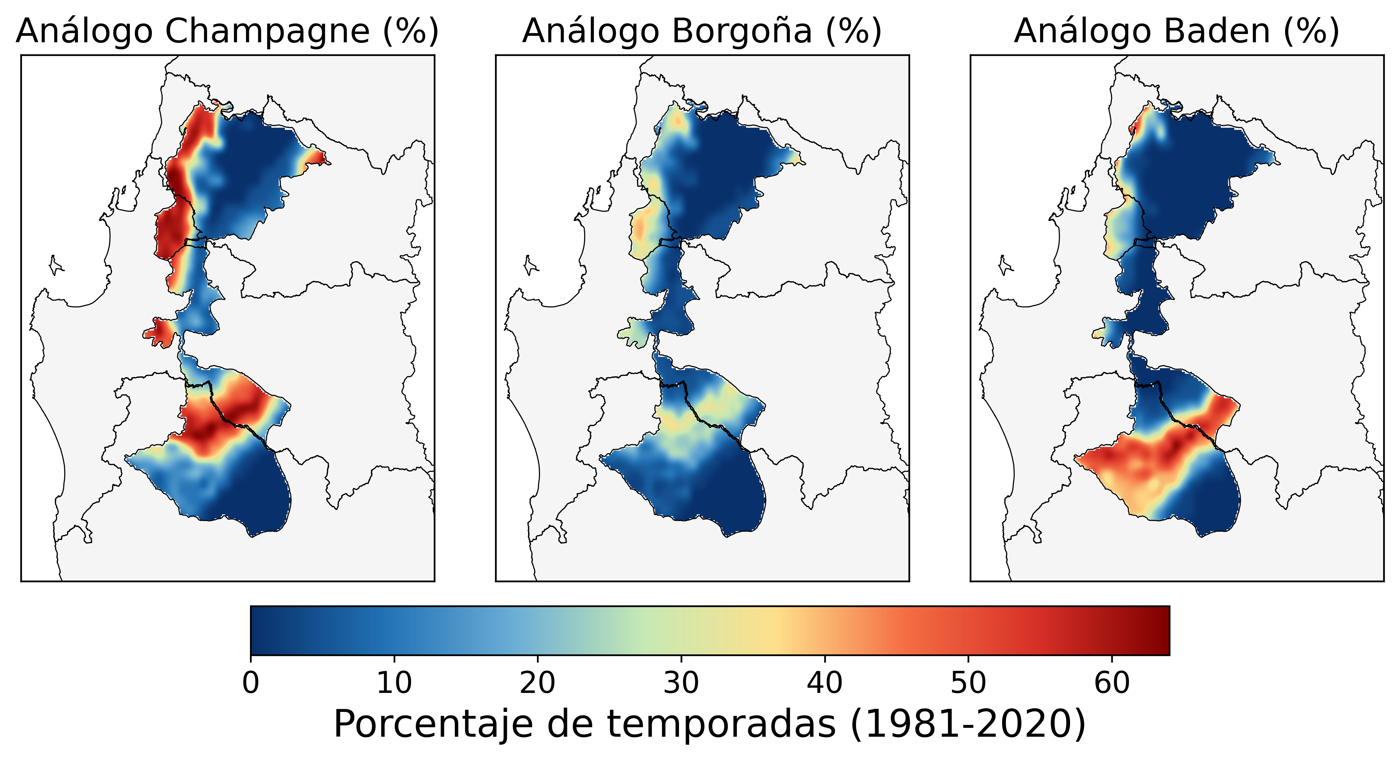Mapas de análogos climáticos de Champagne, Borgoña y Baden sobre los valles del sur de Chile (Itata, Biobío, Malleco), porcentaje de temporadas equivalentes 1981-2020.