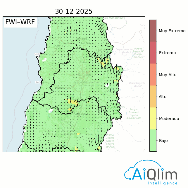 Animación FWI-WRF 30 diciembre 2025, categorías de riesgo incendio precordillera RM
