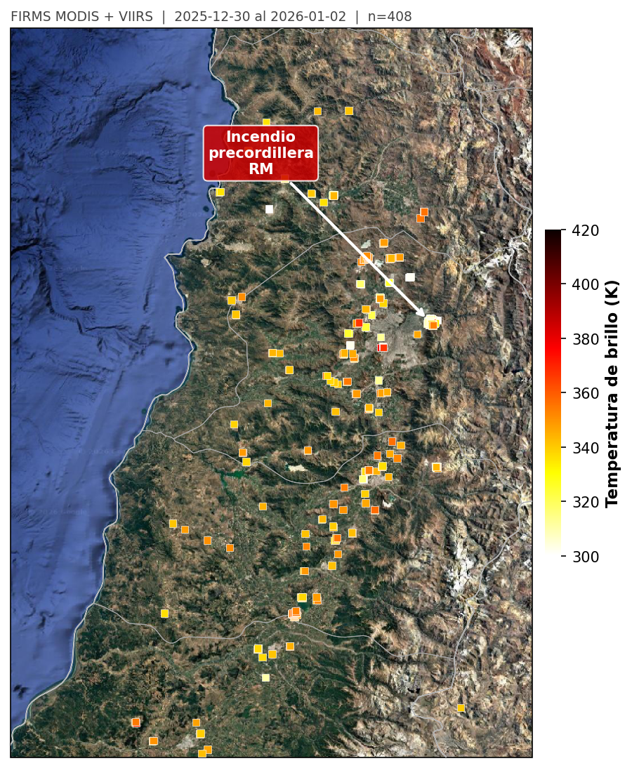 Focos de calor FIRMS MODIS/VIIRS, zona central Chile